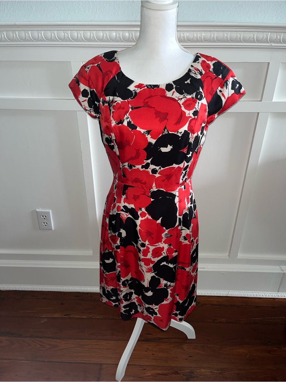 Talbots Red and Black Silk Floral Fit-and-Flare Sheath Dress